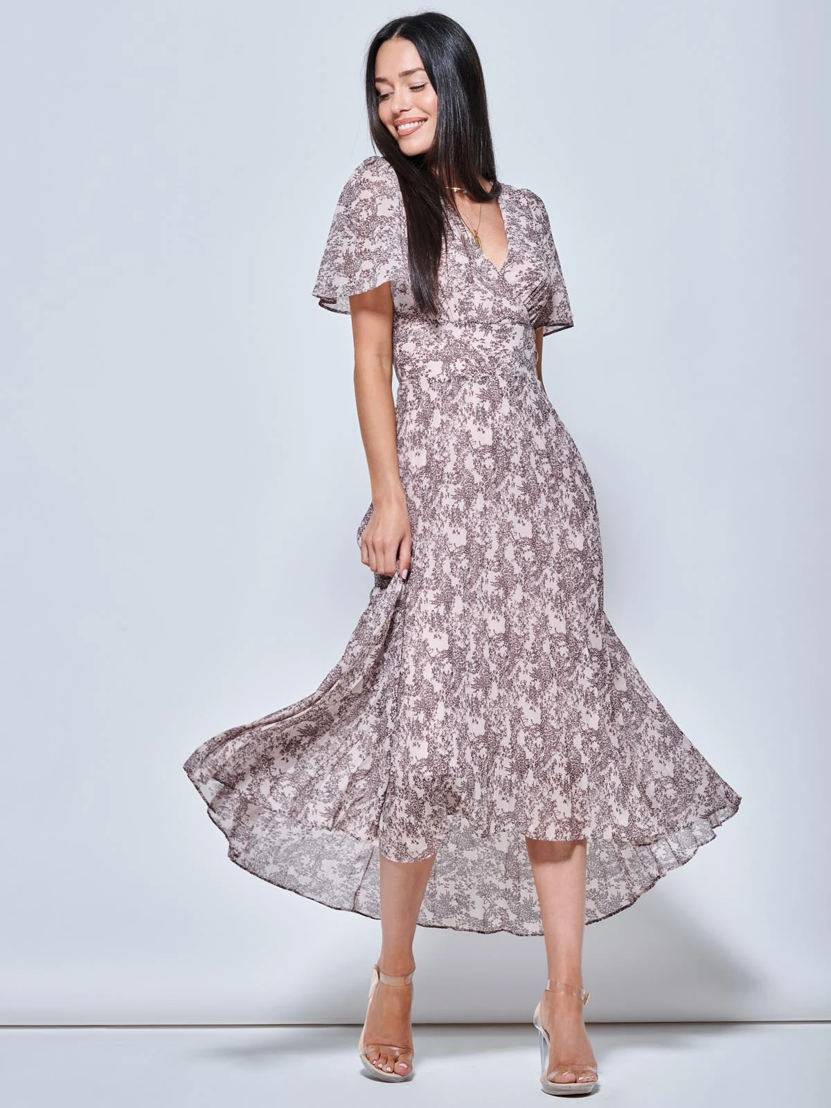 Chiffon Angel Sleeve Pleated Maxi Dress, Pink Multi 6 Chiffon Angel Sleeve Pleated Maxi Dress, Pink Multi - Image 4