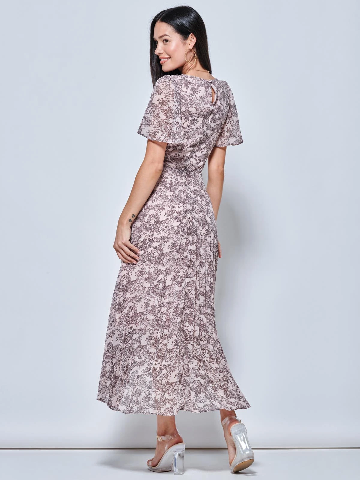 Chiffon Angel Sleeve Pleated Maxi Dress, Pink Multi 4 Chiffon Angel Sleeve Pleated Maxi Dress, Pink Multi - Image 2