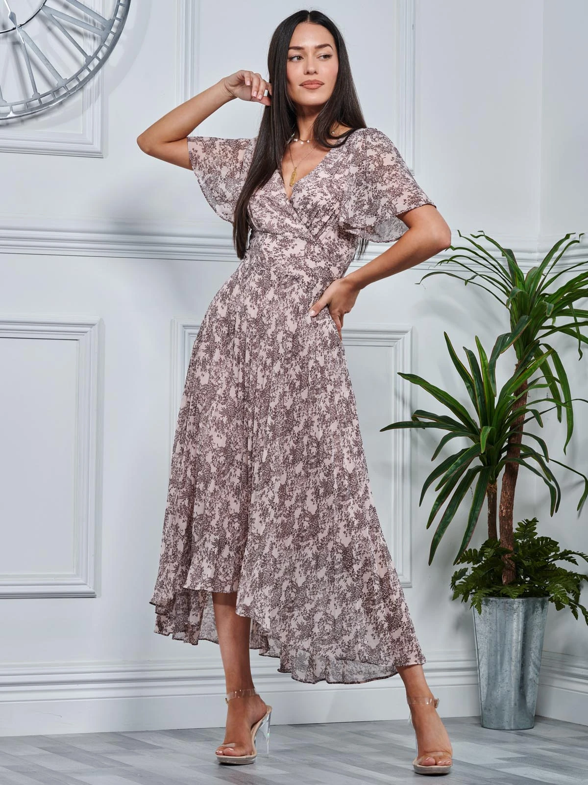 Chiffon Angel Sleeve Pleated Maxi Dress, Pink Multi 7 Chiffon Angel Sleeve Pleated Maxi Dress, Pink Multi - Image 5