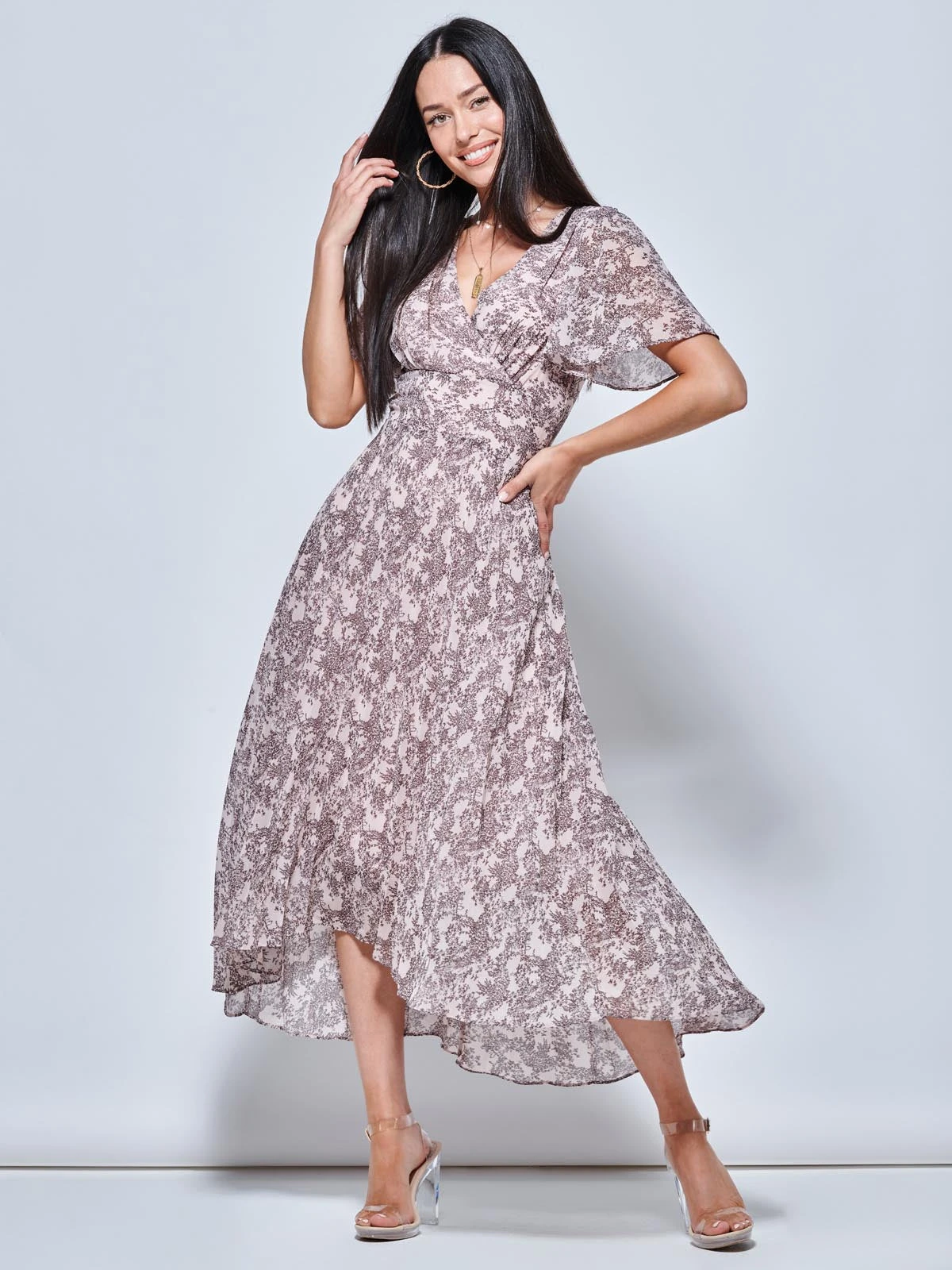 Chiffon Angel Sleeve Pleated Maxi Dress, Pink Multi 3 Chiffon Angel Sleeve Pleated Maxi Dress, Pink Multi