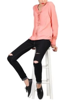 Pleat Front V Neck Blouse, Coral Pink