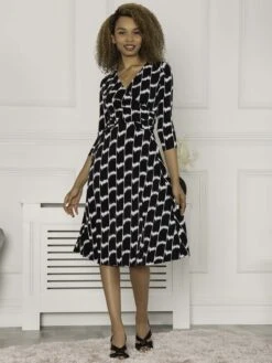 Jolie Moi Petra 3/4 Sleeve Ruched Dress, Black Geo -Miha Dresses Shop 322 2101 BlackGeo 2