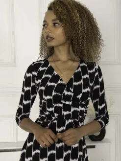 Jolie Moi Petra 3/4 Sleeve Ruched Dress, Black Geo -Miha Dresses Shop 322 2101 BlackGeo 5