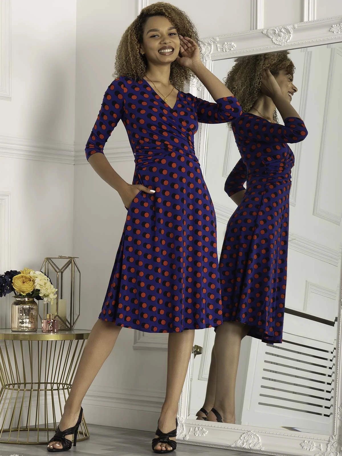 Jolie Moi Petra 3/4 Sleeve Ruched Dress, Blue Polka 5 Jolie Moi Petra 3/4 Sleeve Ruched Dress, Blue Polka - Image 3