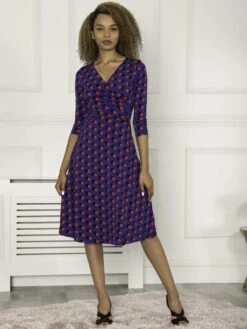 Jolie Moi Petra 3/4 Sleeve Ruched Dress, Blue Polka 10 Jolie Moi Petra 3/4 Sleeve Ruched Dress, Blue Polka -Miha Dresses Shop 322 2101 BluePolka 2