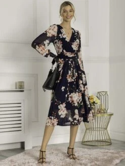 Jasmine Long Sleeve Mesh Dress, Navy Floral