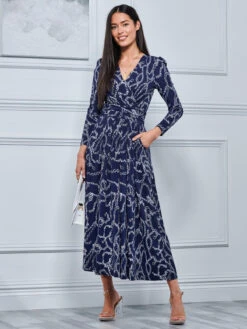 Chain Print Long Sleeve Maxi Dress, Navy -Miha Dresses Shop 504 1331 Navy 4