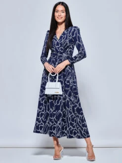 Chain Print Long Sleeve Maxi Dress, Navy -Miha Dresses Shop 504 1331 Navy 5