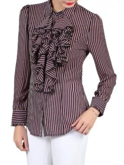Textured Stripe Frilly Blouse, Navy Stripes