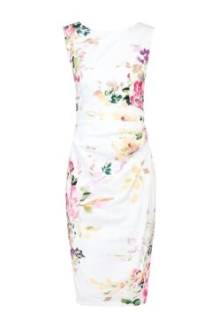Floral Print Ruched Shift Dress, White Floral -Miha Dresses Shop 5053319213079 3 51dd48b5 492e 46fe ac34 bd9b2b596ec0