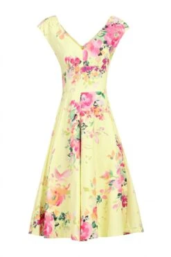 Floral Print Sweetheart Neck Dress, Yellow Floral