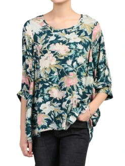 Jolie Moi Floral Print Comfy Blouse, Teal Floral