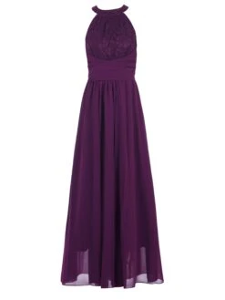 Halter Neck Lace Maxi Bridesmaid Dress, Dark Purple -Miha Dresses Shop 5053319300410 3 55340793 6c03 4b21 8b63 bb385a3124c0