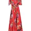 Printed Mesh Long Midi Dress, Red Floral