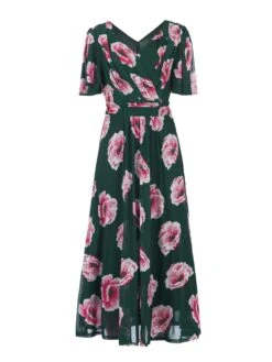 Printed Mesh Long Midi Dress, Teal Floral