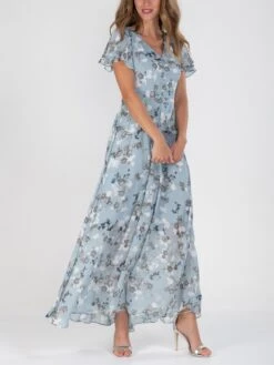 Flare Sleeve Chiffon Maxi Dress, Grey Floral -Miha Dresses Shop 5053319332718