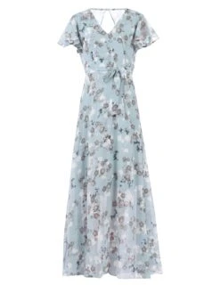 Flare Sleeve Chiffon Maxi Dress, Grey Floral -Miha Dresses Shop 5053319332718 3