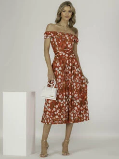 Kiara Bardot Neck Mesh Dress, Red Floral -Miha Dresses Shop 5053319377450