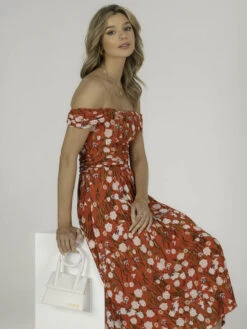 Kiara Bardot Neck Mesh Dress, Red Floral -Miha Dresses Shop 5053319377450 3