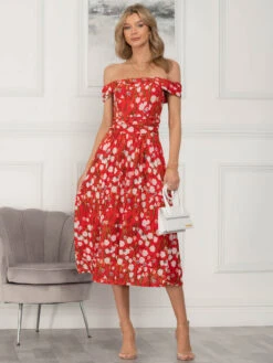 Kiara Bardot Neck Mesh Dress, Red Floral -Miha Dresses Shop 5053319377450 5