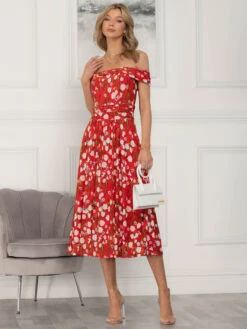 Kiara Bardot Neck Mesh Dress, Red Floral -Miha Dresses Shop 5053319377450 6