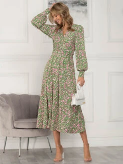 Jolie Moi Allyn Long Sleeved Maxi Dress, Green Animal -Miha Dresses Shop 5053319386155 2