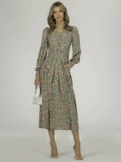Jolie Moi Allyn Long Sleeved Maxi Dress, Green Animal -Miha Dresses Shop 5053319386155 5