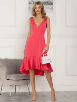 Jolie Moi Annabeth V Neck Flare Dress, Pink -Miha Dresses Shop 5053319389200