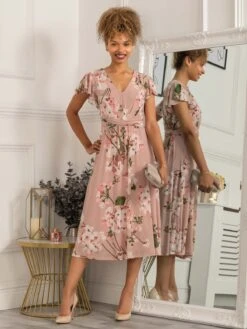 Scarlett Cap Sleeve Mesh Midi Dress, Dusty Pink -Miha Dresses Shop 5053319401162