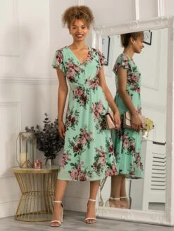 Scarlett Cap Sleeve Mesh Midi Dress, Green Floral -Miha Dresses Shop 5053319401230 4