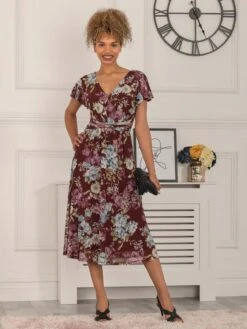 Scarlett Cap Sleeve Mesh Midi Dress, Dark Red