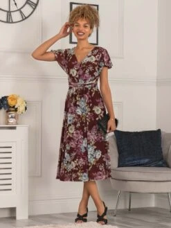 Scarlett Cap Sleeve Mesh Midi Dress, Dark Red -Miha Dresses Shop 5053319401308 4