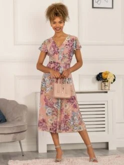 Scarlett Cap Sleeve Mesh Midi Dress, Floral Multi -Miha Dresses Shop 5053319401377 2