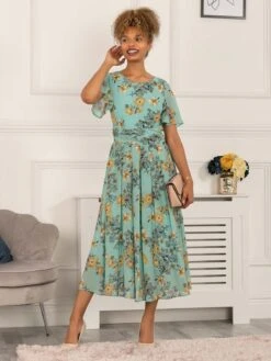 Reagan Floral Print Chiffon Dress, Light Green -Miha Dresses Shop 5053319402435 4