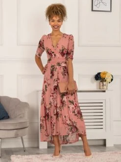 Haizley Floral Print Mesh Maxi Dress, Pink -Miha Dresses Shop 5053319404880 2
