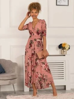 Haizley Floral Print Mesh Maxi Dress, Pink -Miha Dresses Shop 5053319404880 5