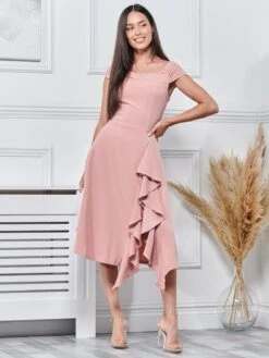 Skylar Off Shoulder Ruffle Hem Dress, Dusty Pink -Miha Dresses Shop 5161 390 DustyPink 4