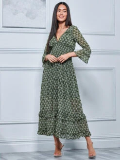 Qaiya Shirred Chiffon Maxi Dress, Green Floral -Miha Dresses Shop 573 768V GreenFloral 4