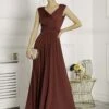 Plunge V Neck Draped Maxi Dress, Burgundy