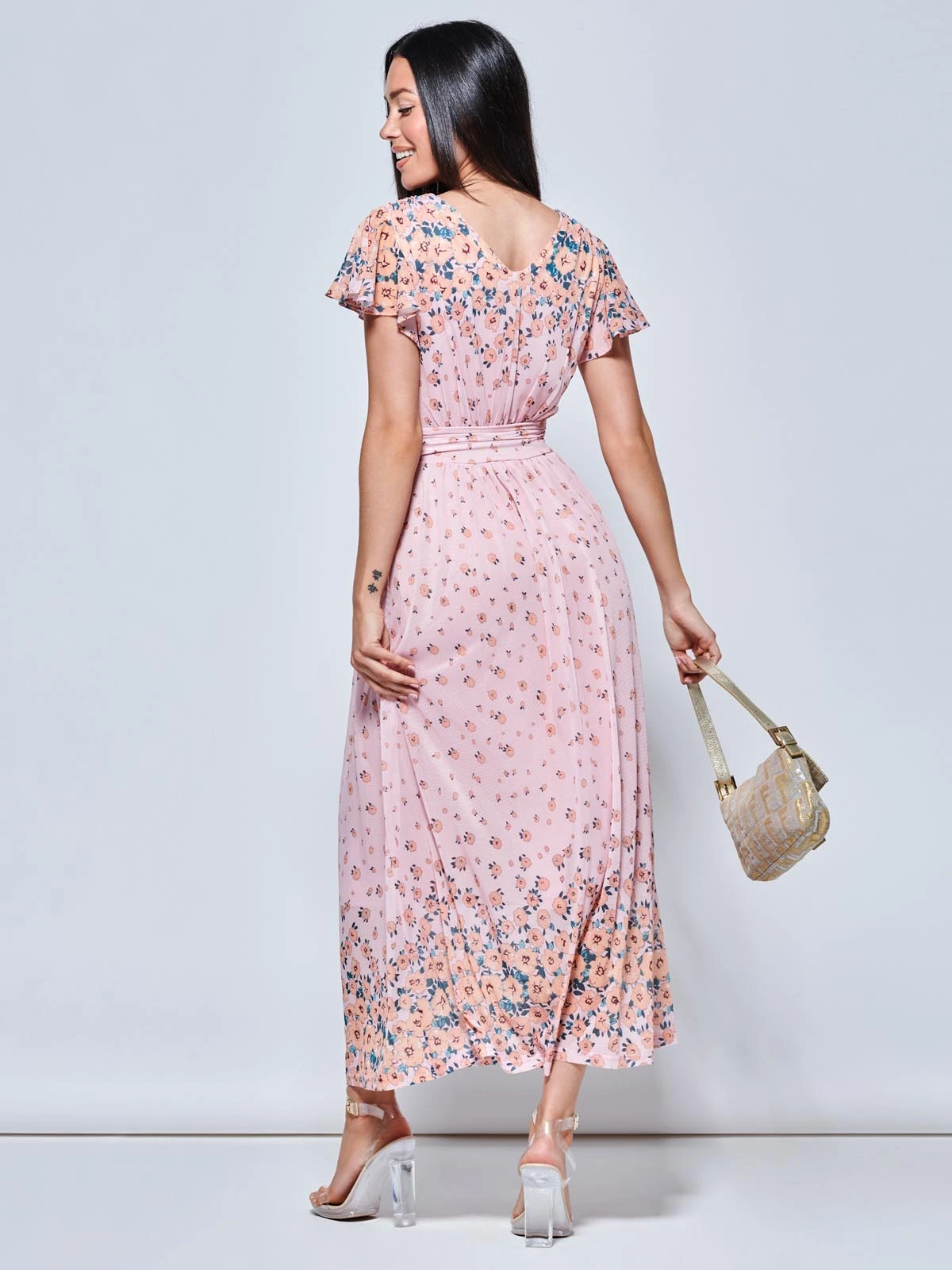 Mirrored Floral Print Mesh Maxi Dress, Pink Multi 3 Mirrored Floral Print Mesh Maxi Dress, Pink Multi - Image 2