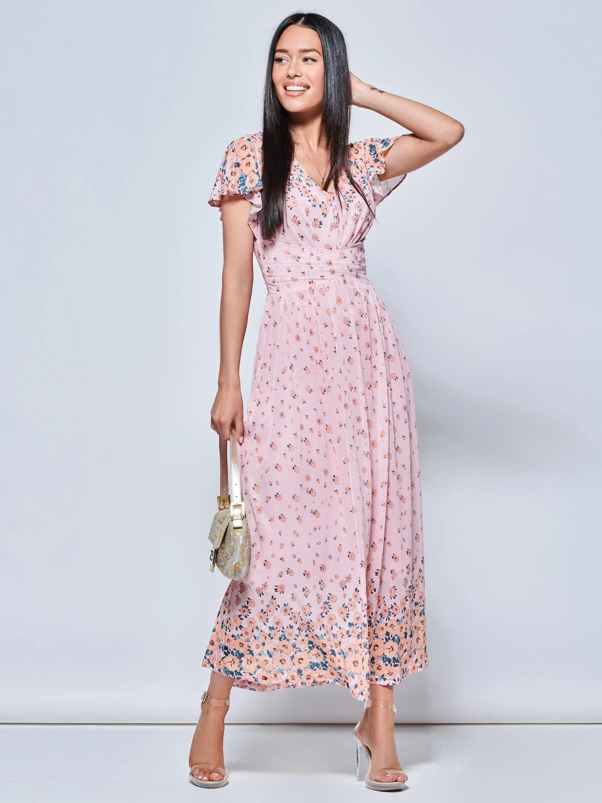 Mirrored Floral Print Mesh Maxi Dress, Pink Multi 5 Mirrored Floral Print Mesh Maxi Dress, Pink Multi - Image 4