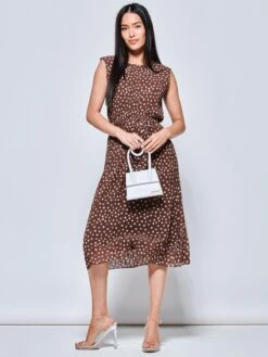 Haniya Spot Print Pleated Chiffon Dress, Taupe -Miha Dresses Shop A106 116 Taupe 4