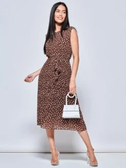 Haniya Spot Print Pleated Chiffon Dress, Taupe -Miha Dresses Shop A106 116 Taupe 5