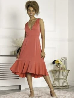 Jolie Moi Annabeth V Neck Flare Dress, Pink -Miha Dresses Shop A172 5 Pink 2