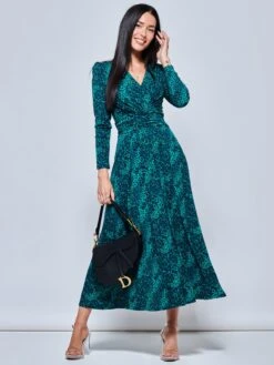 Animal Print Long Sleeve Maxi Dress, Green Animal