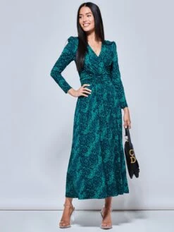 Animal Print Long Sleeve Maxi Dress, Green Animal -Miha Dresses Shop A5041331 GreenAnimal 5