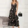 Retro Bird Print Satin Maxi Dress, Black Bird -Miha Dresses Shop B 901 20 BlackBird 1