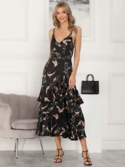 Retro Bird Print Satin Maxi Dress, Black Bird