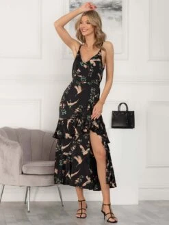 Retro Bird Print Satin Maxi Dress, Black Bird -Miha Dresses Shop B 901 20 BlackBird 5