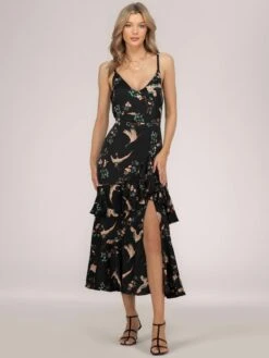 Retro Bird Print Satin Maxi Dress, Black Bird -Miha Dresses Shop B 901 20 BlackBird 6